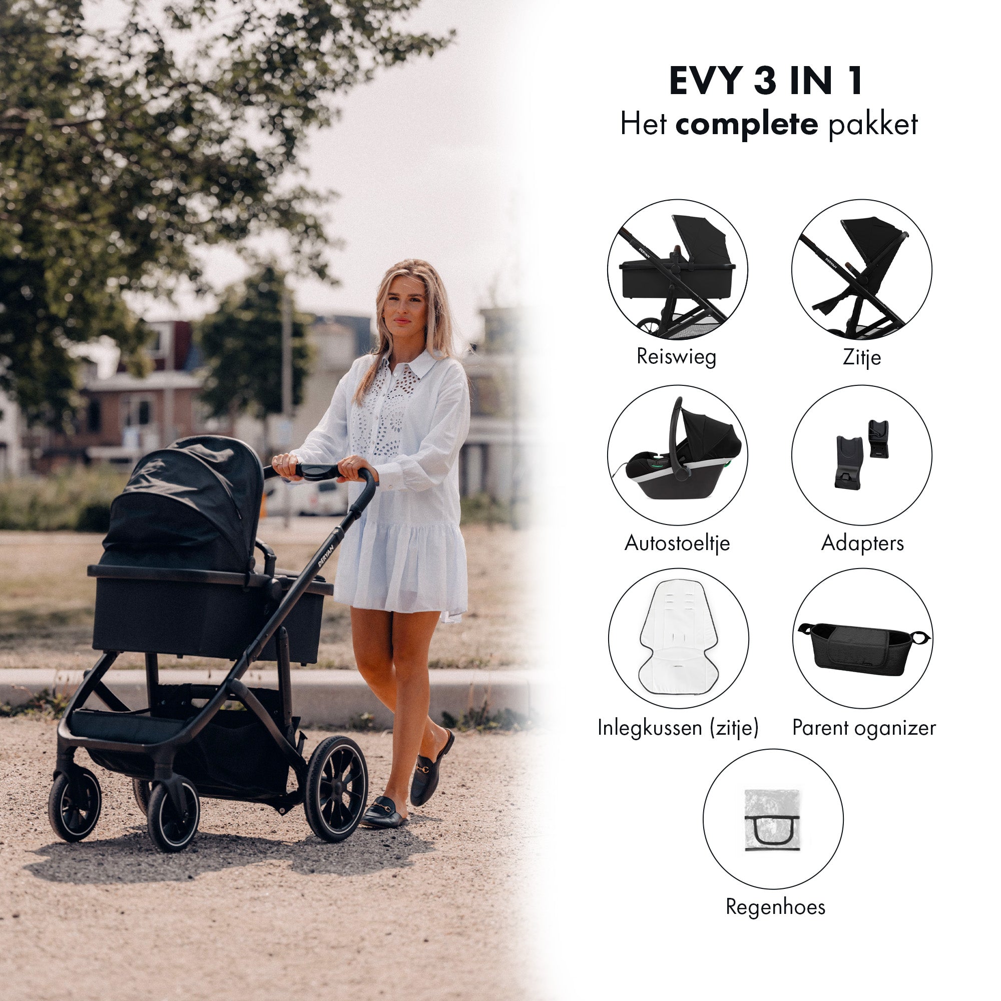 EVY V2 Barnevogn 3 i 1 Sort